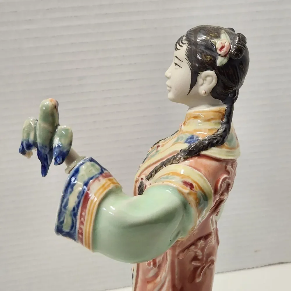 Vintage Chinese Shiwan Porcelain Lady Statue Songbird & Feeding Bowl Figurine